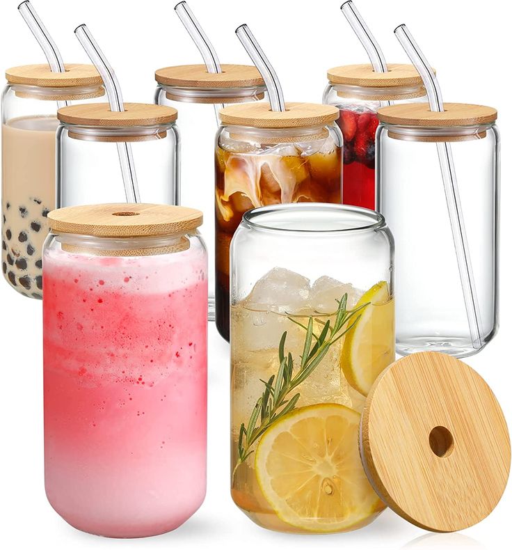 Cocktail Glasses – Set of 4 with Bamboo Lids &amp; Glass Straws (500ml)