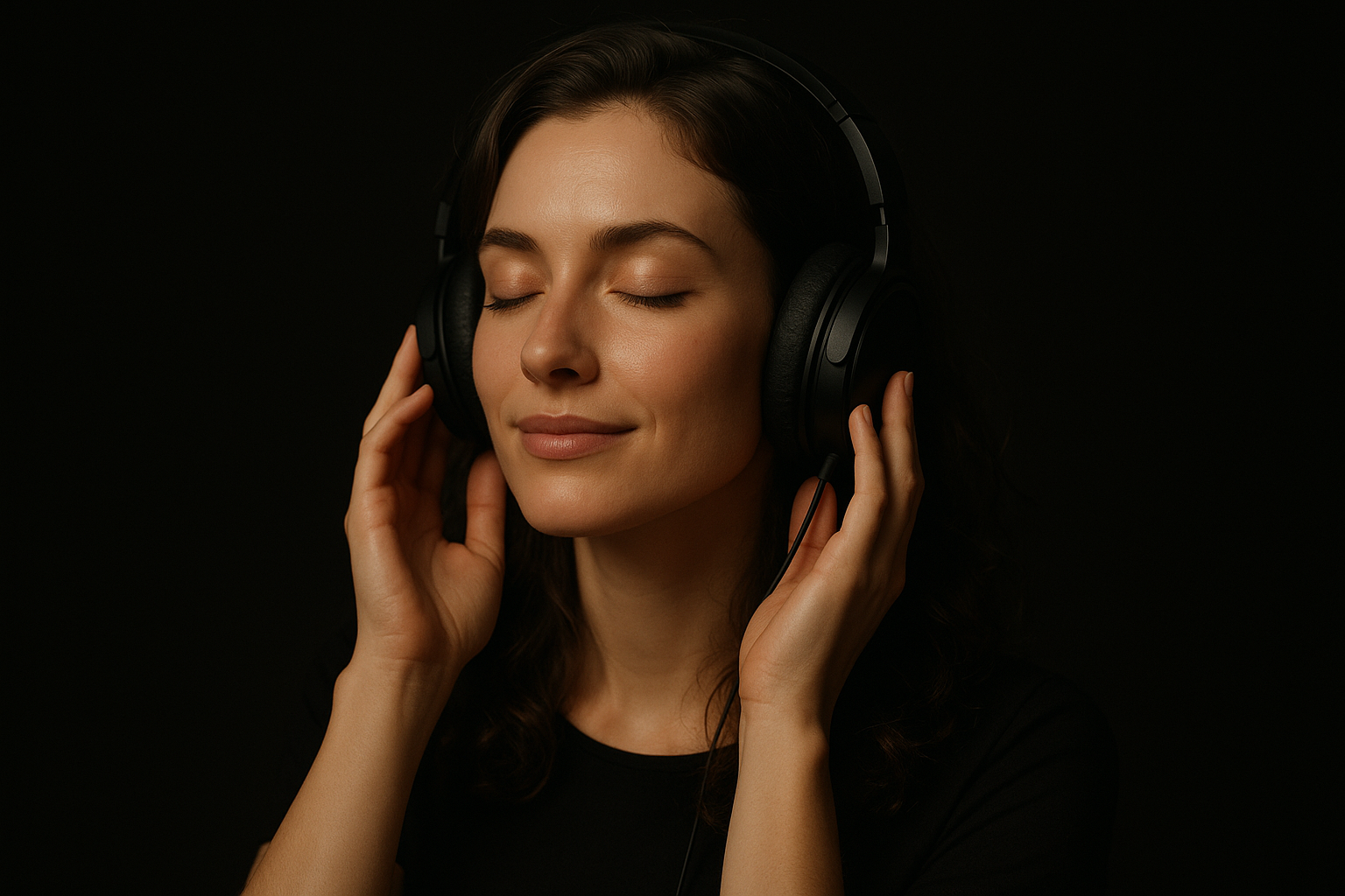a lady enjoying earphone, kinda like more black background