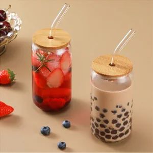 Cocktail Glasses – Set of 4 with Bamboo Lids &amp; Glass Straws (500ml)